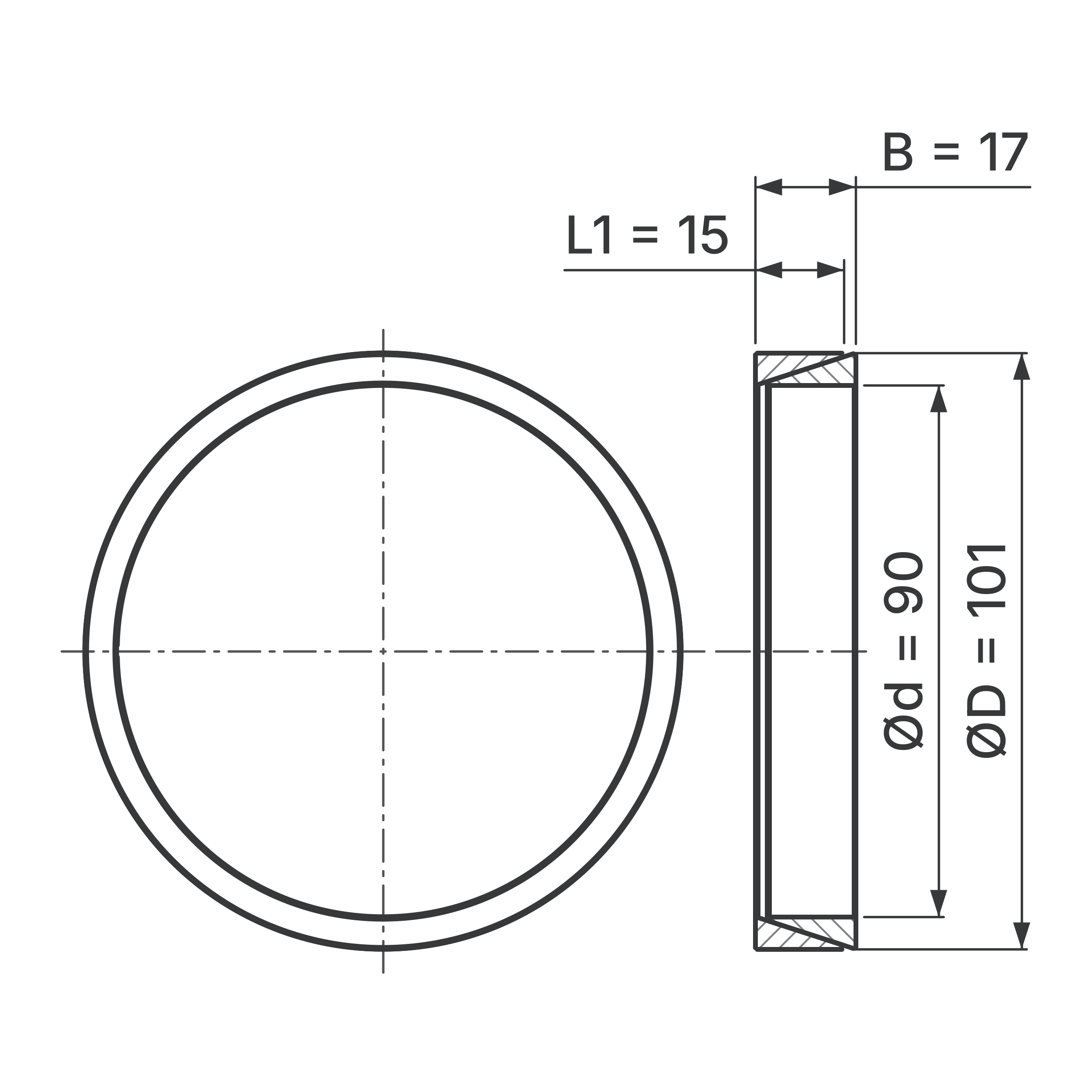 Maßskizze Konus-Spannelement STW56-90x101: Wellen-Ø d, Außen-Ø D, L1, B in mm, schematisch