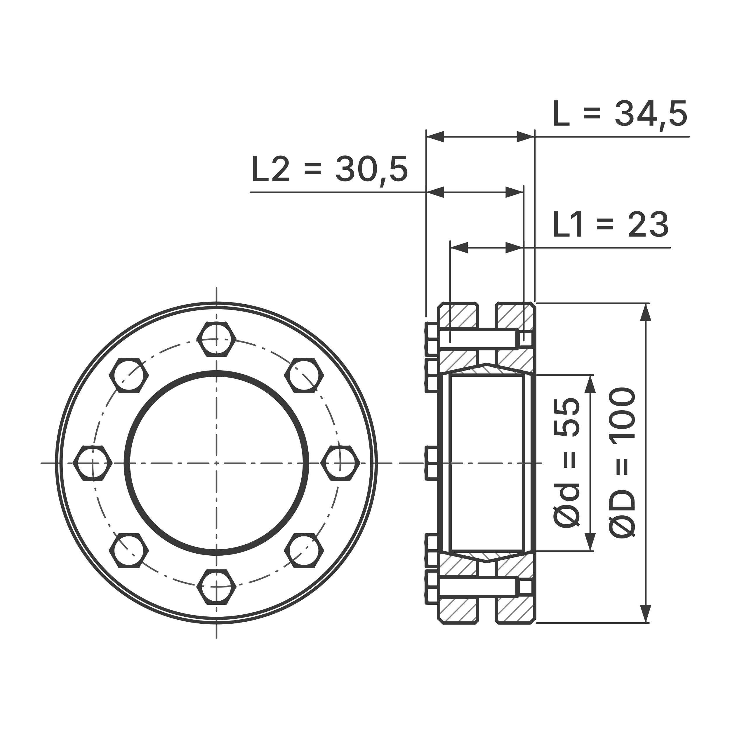 Maßskizze Schrumpfscheibe STW96-55x100: Bohrungs-Ø d, Außen-Ø D, L, L1, L2 in mm, schematisch