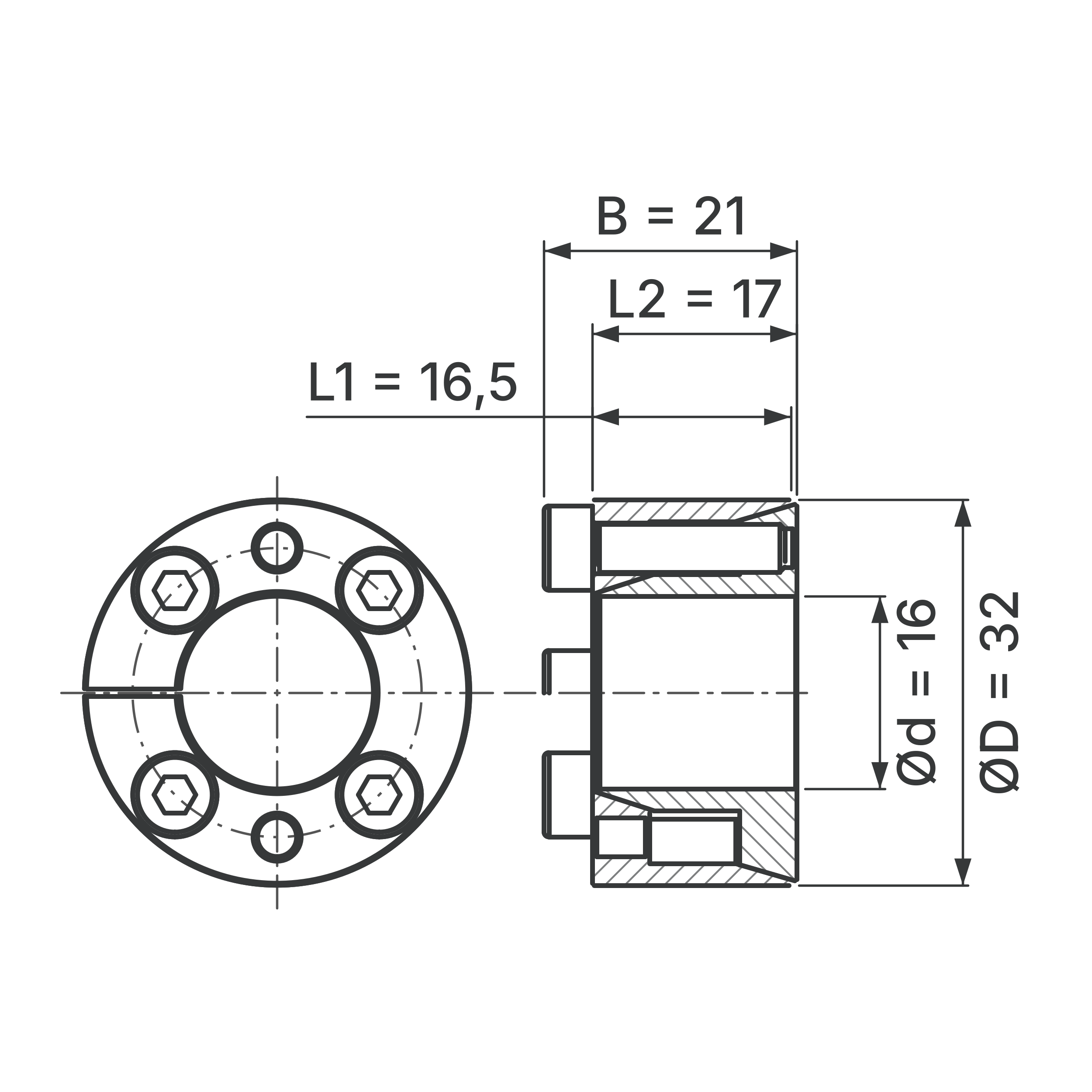 Maßskizze Spannsatz STW71-16x32: Wellen-Ø d, Außen-Ø D, L1, L2, B in mm, schematisch