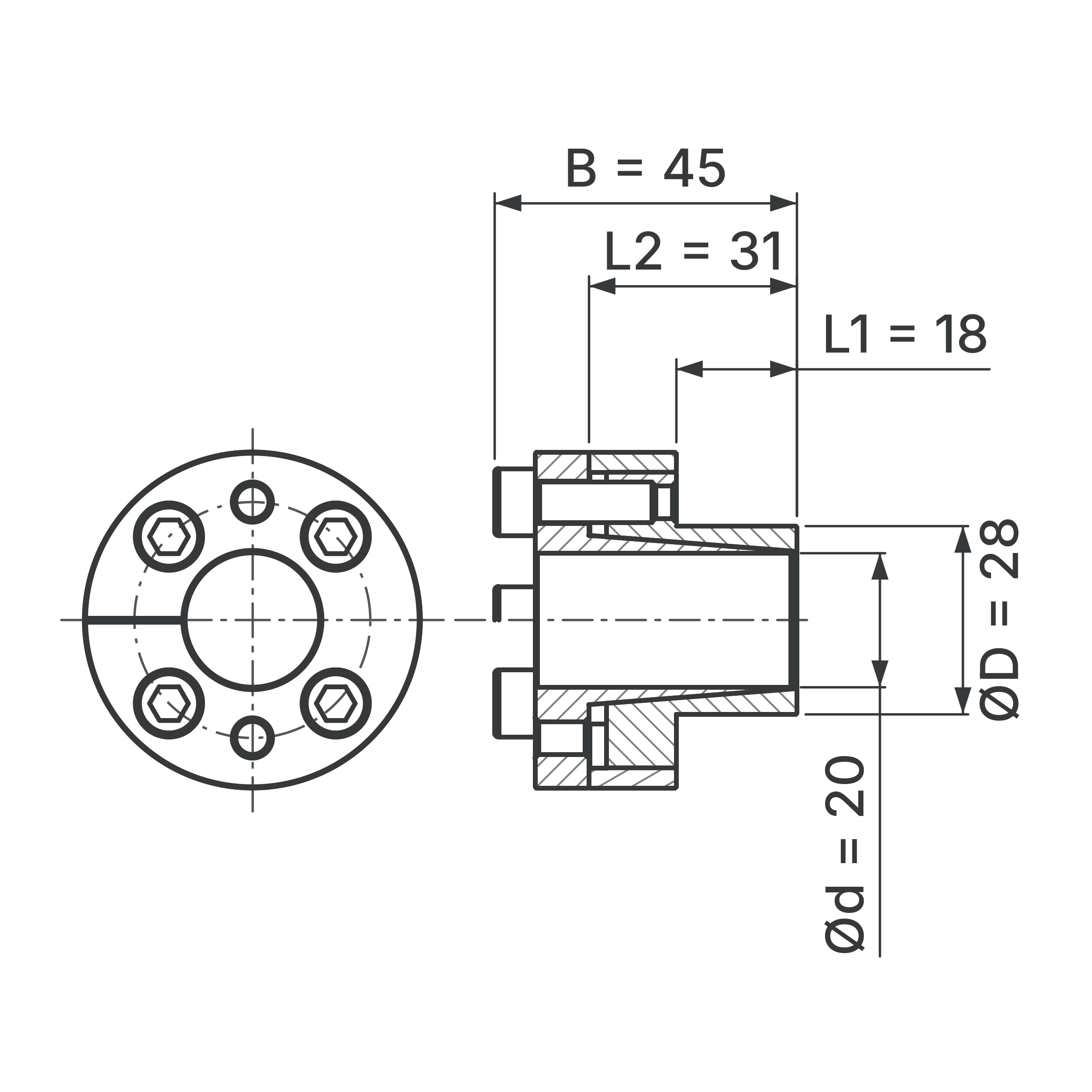 Maßskizze Spannsatz STW27SS-20x28 Edelstahl: Wellen-Ø d, Außen-Ø D, L1, L2, B in mm, schematisch