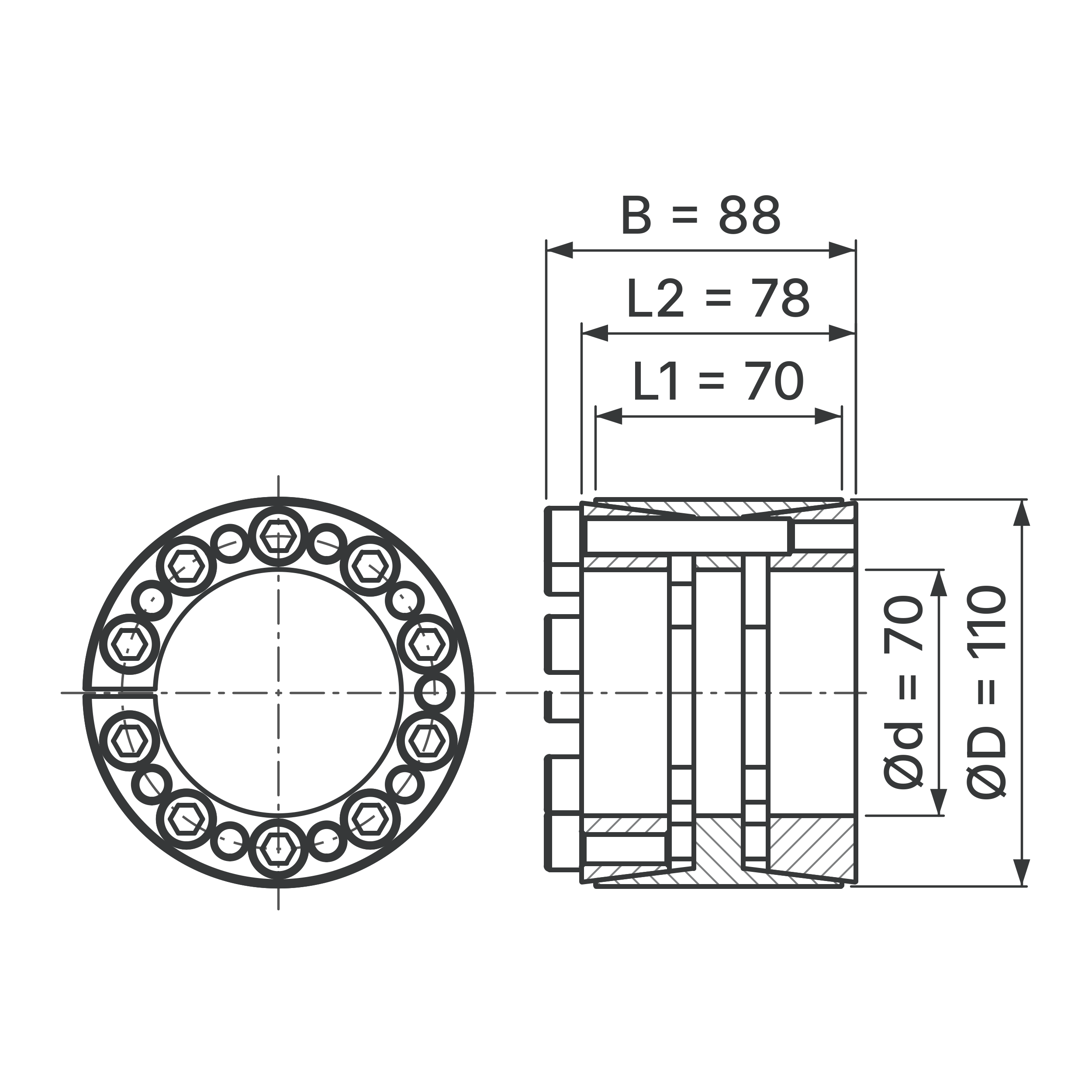 Maßskizze Spannsatz STW33-70x110: Wellen-Ø d, Außen-Ø D, L1, L2, B in mm, schematisch