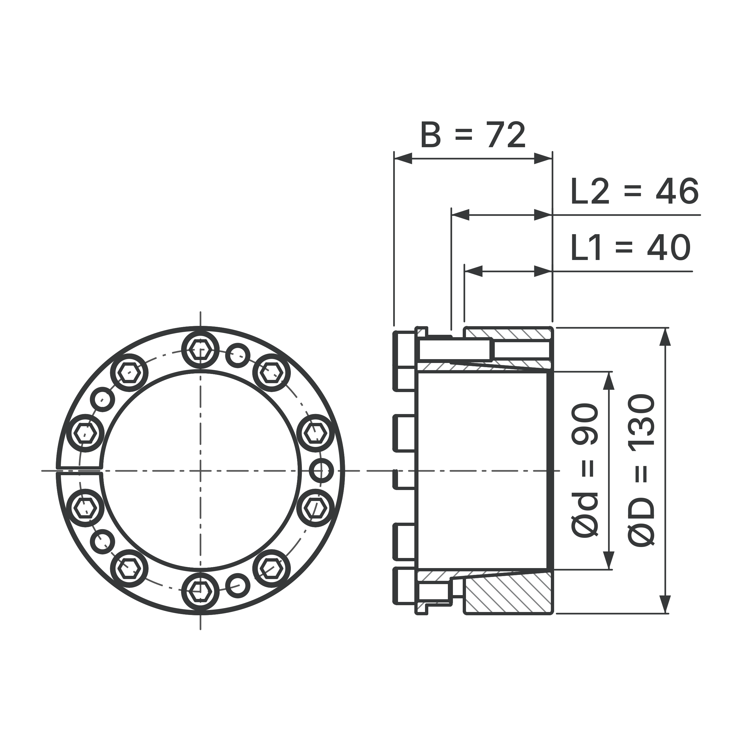 Maßskizze Spannsatz STW26-90x130: Wellen-Ø d, Außen-Ø D, L1, L2, B in mm, schematisch