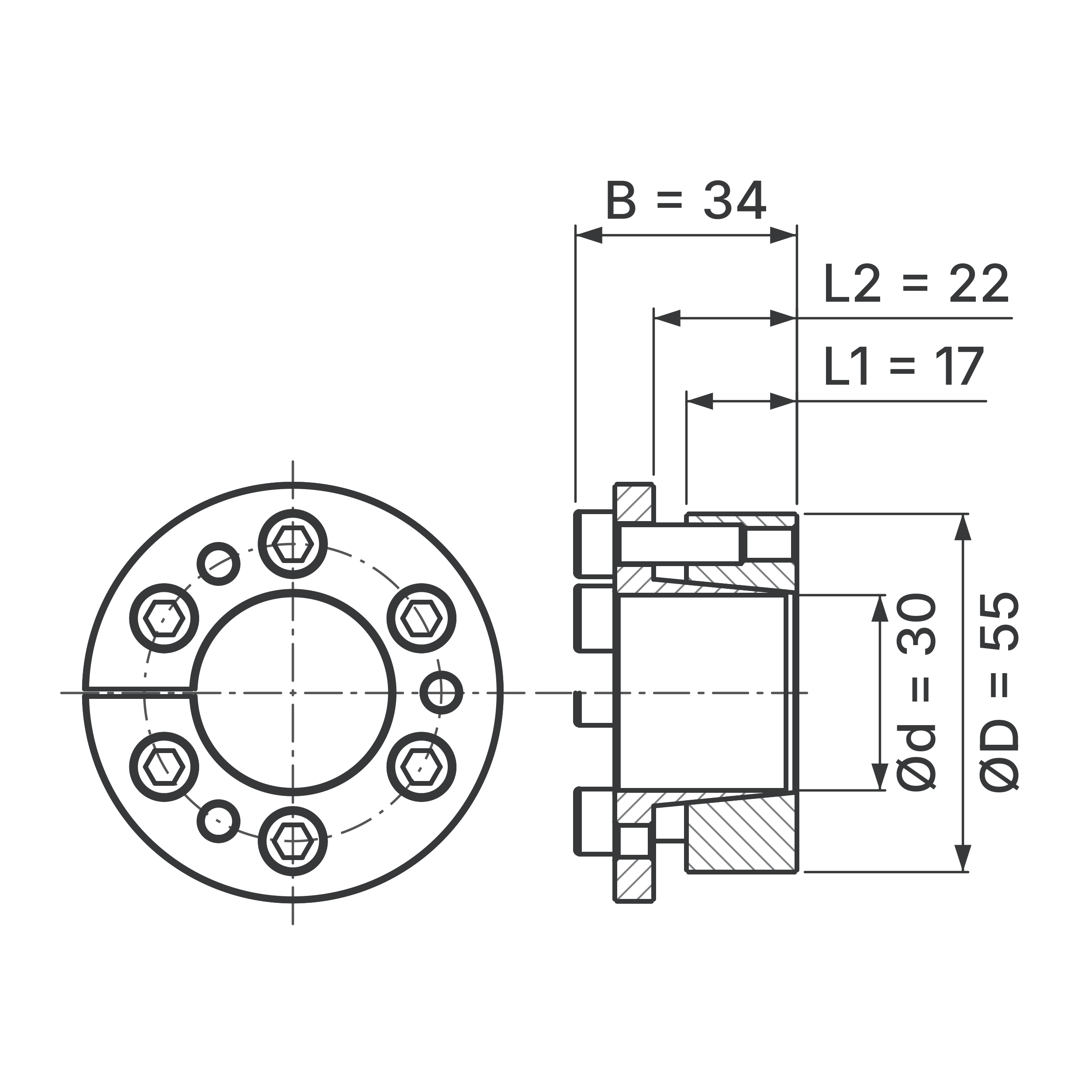 Maßskizze Spannsatz STW77-30x55: Wellen-Ø d, Außen-Ø D, L1, L2, B in mm, schematisch