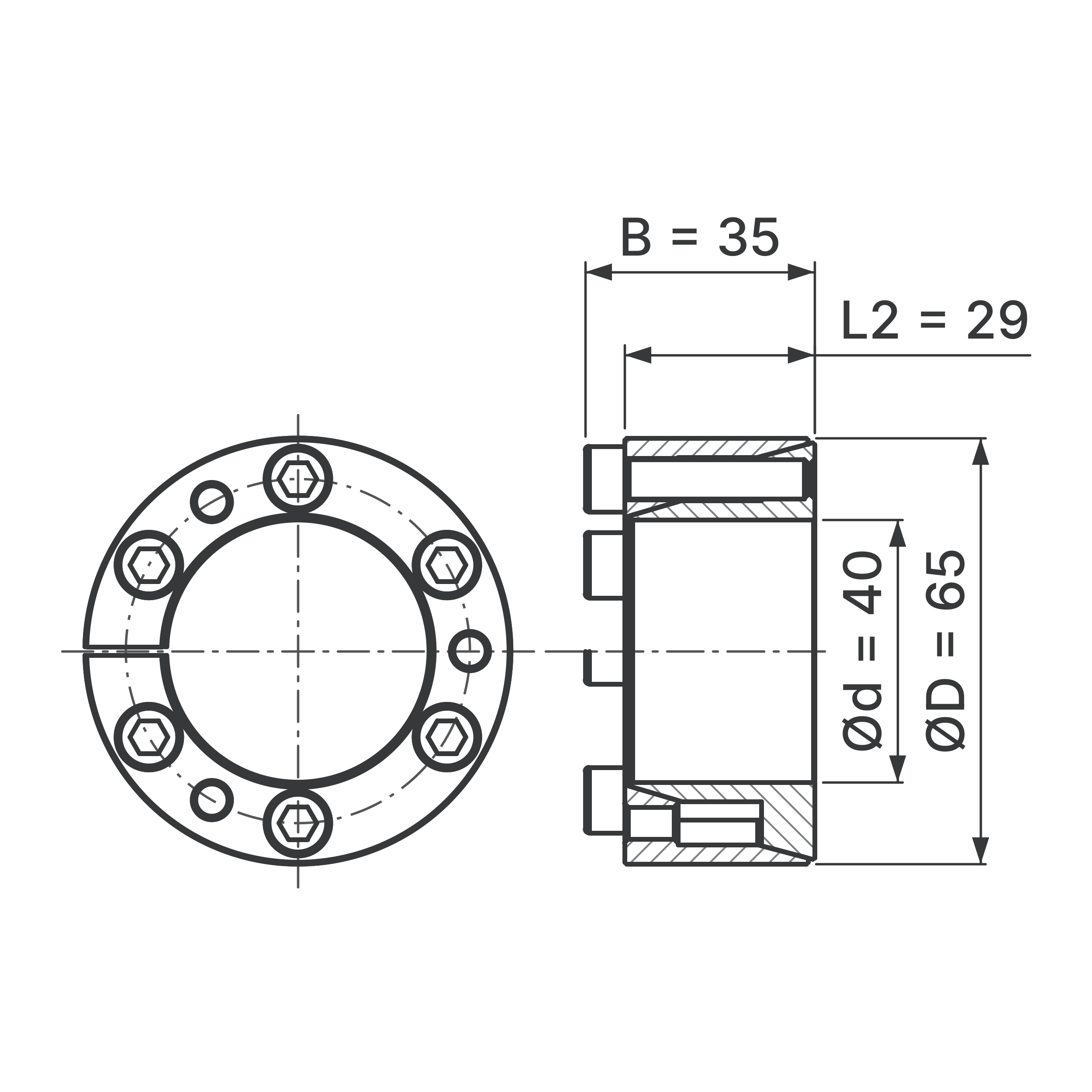 Maßskizze Spannsatz STW71SS-40x65 Edelstahl: Wellen-Ø d, Außen-Ø D, L2, B in mm, schematisch