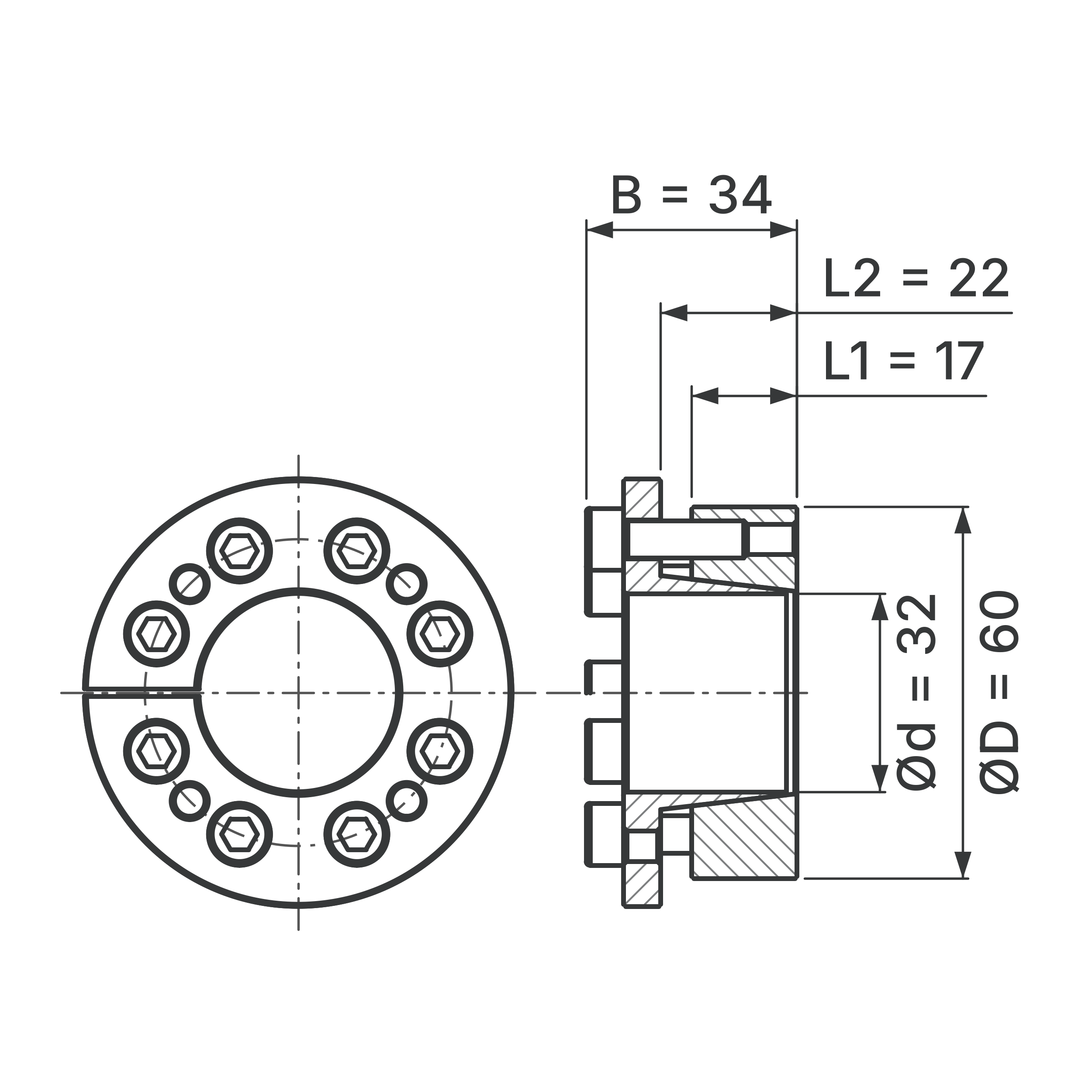 Maßskizze Spannsatz STW77-32x60: Wellen-Ø d, Außen-Ø D, L1, L2, B in mm, schematisch