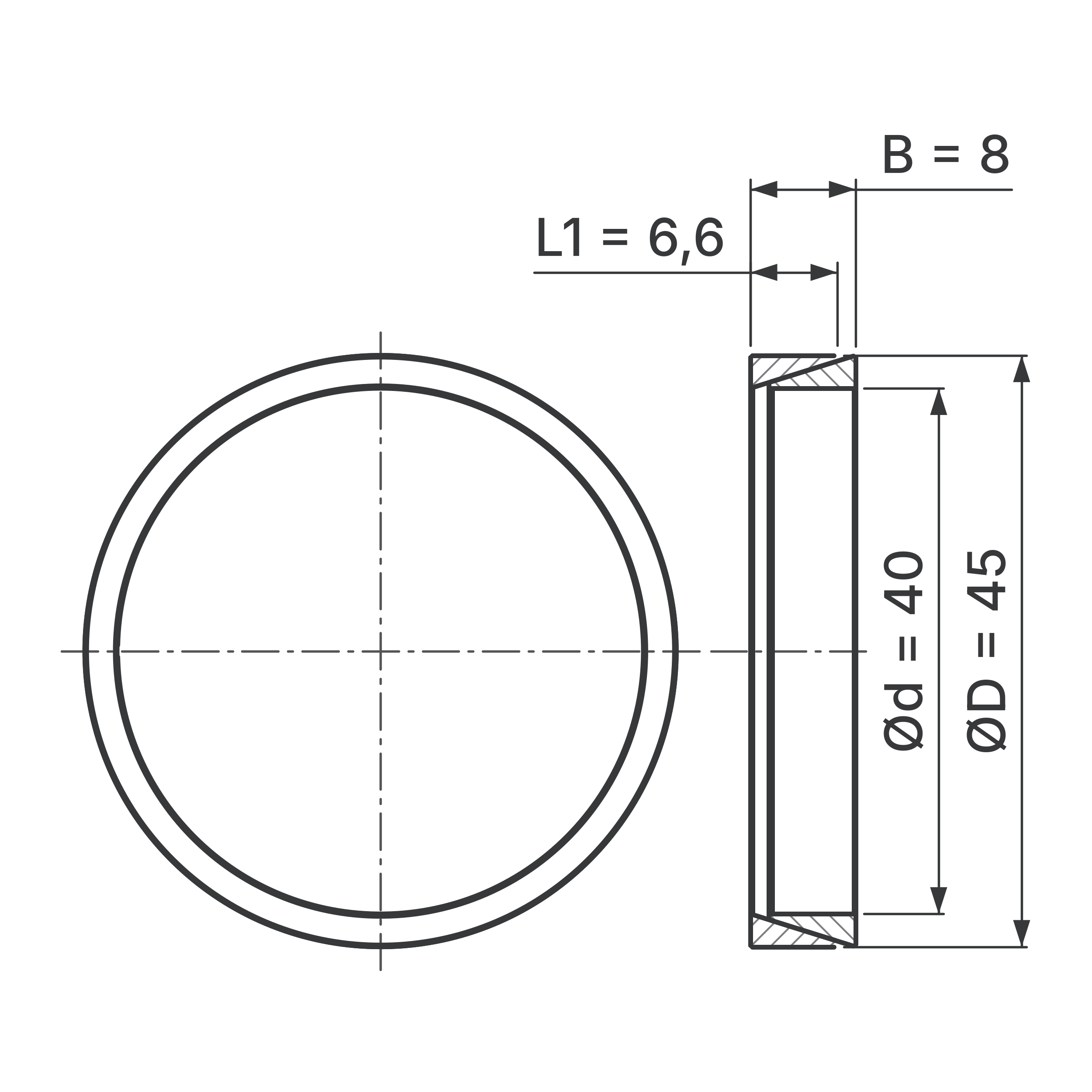 Maßskizze Konus-Spannelement STW56-40x45: Wellen-Ø d, Außen-Ø D, L1, B in mm, schematisch