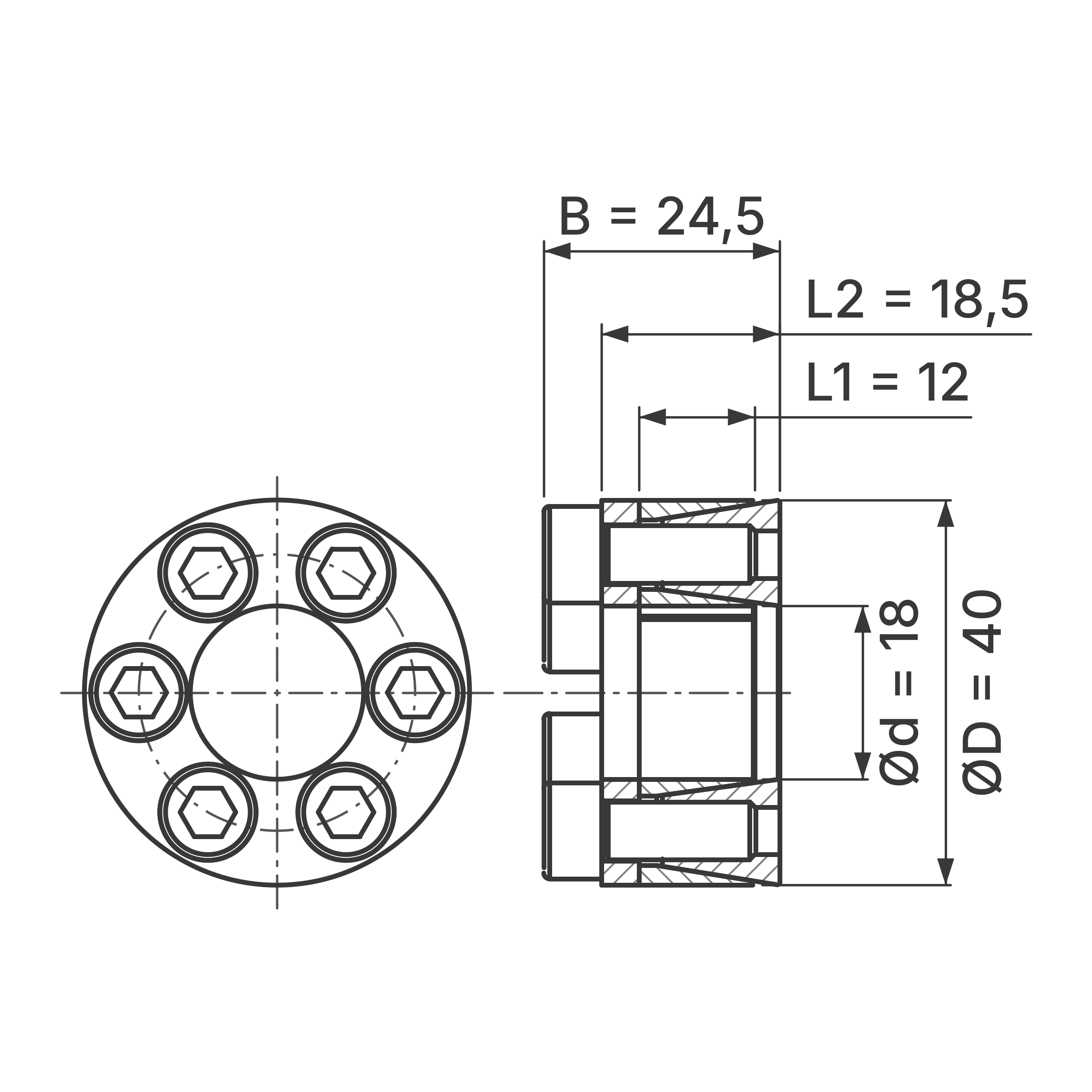 Maßskizze Spannsatz STW29-18x40: Wellen-Ø d, Außen-Ø D, L1, L2, B in mm, schematisch