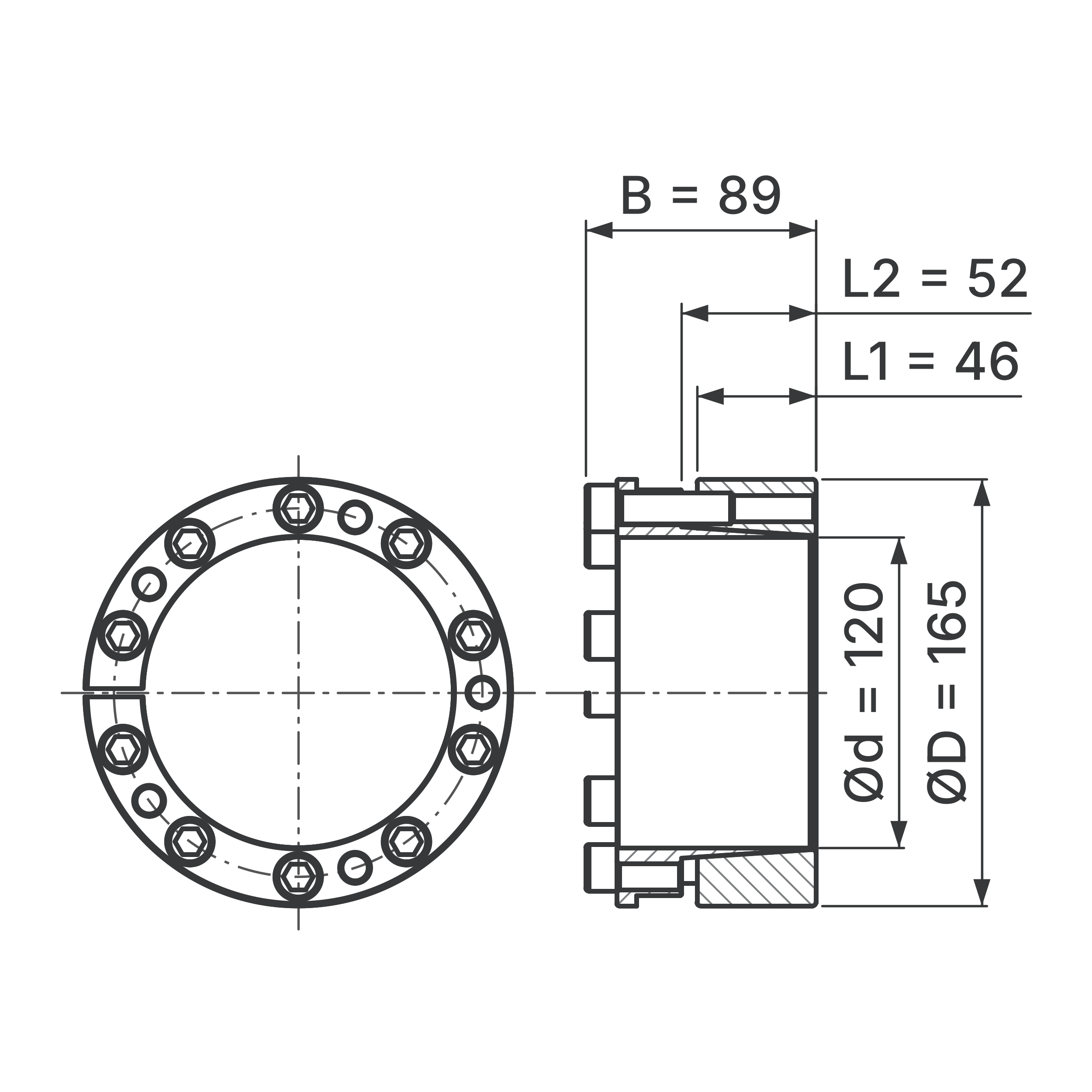 Maßskizze Spannsatz STW26-120x165: Wellen-Ø d, Außen-Ø D, L1, L2, B in mm, schematisch