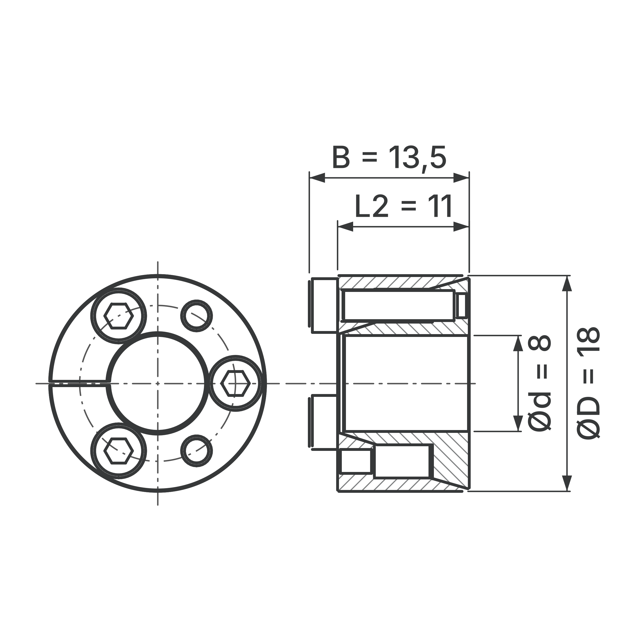 Maßskizze Spannsatz STW71SS-8x18 Edelstahl: Wellen-Ø d, Außen-Ø D, L2, B in mm, schematisch