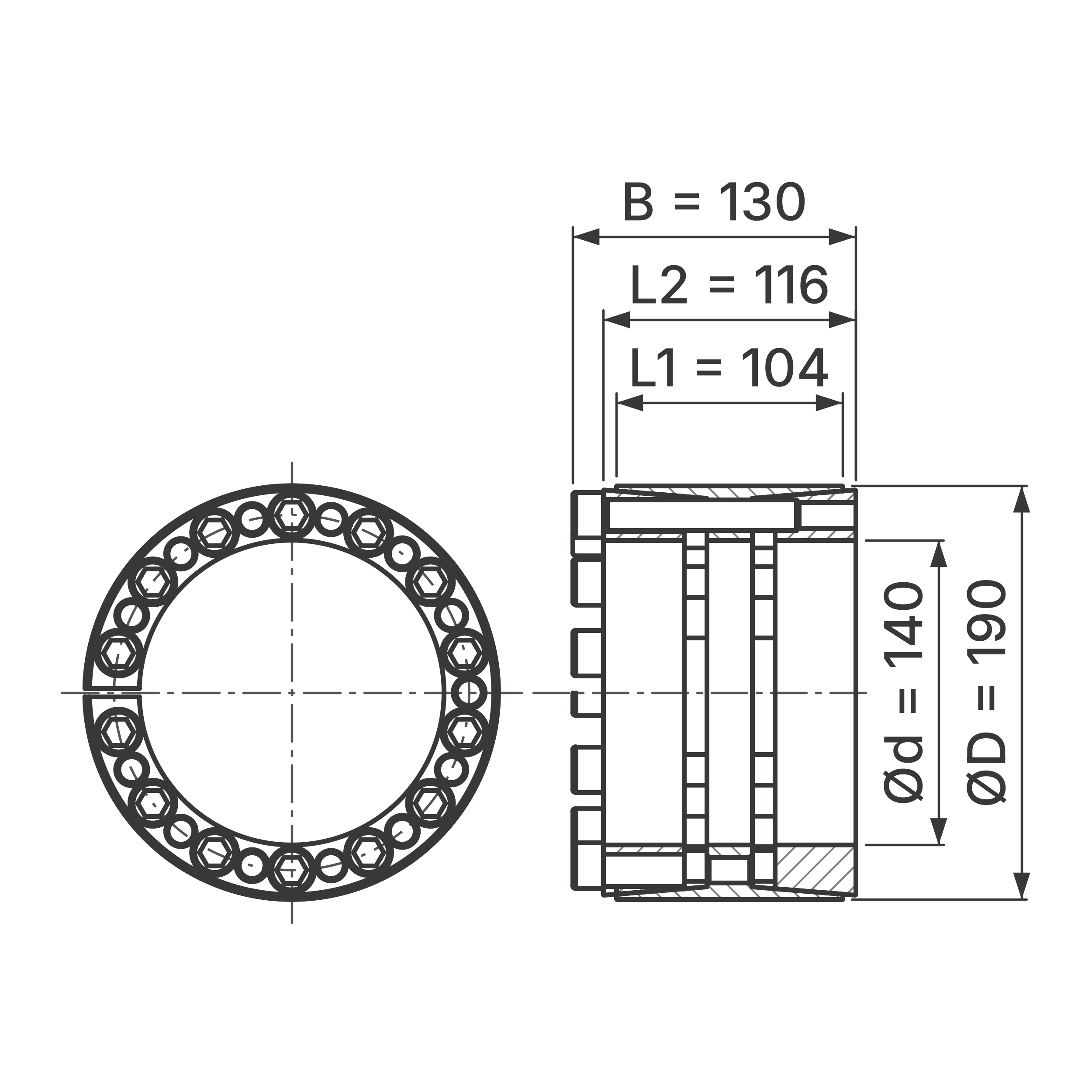 Maßskizze Spannsatz STW33-140x190: Wellen-Ø d, Außen-Ø D, L1, L2, B in mm, schematisch